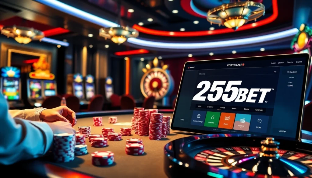 Experience the thrill of gaming with 255BET Download showcased at an elegant casino poker table.