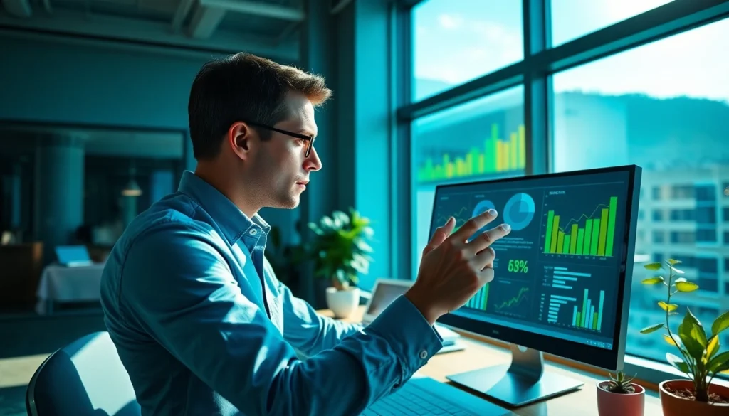 Analyze competitive intelligence metrics in a bright modern office setting with data-driven visuals.