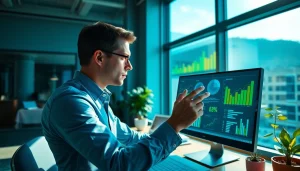 Analyze competitive intelligence metrics in a bright modern office setting with data-driven visuals.