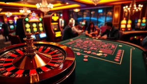 Players celebrating a net win at a luxurious casino table with vibrant slot machines.