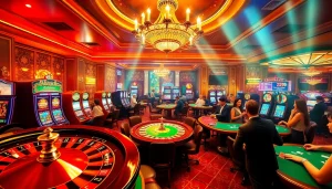 Enthusiastic gamblers at Tha bet casino tables enjoying thrilling gameplay with stacked chips and cards.