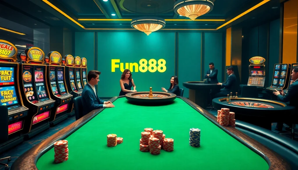 Players engage in high-stakes poker at Fun88's glamorous online casino table.
