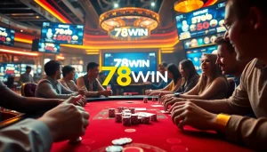 Experience the excitement of online gaming with the vibrant พอร์ทัลเกม 78WIN scene featuring players engaged at luxurious tables and digital displays.