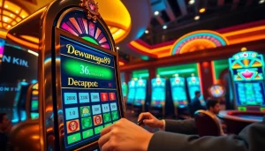 Seorang pemain berinteraksi dengan mesin slot login Dewanaga89, menampilkan kegembiraan dan kemewahan di sebuah kasino yang meriah.