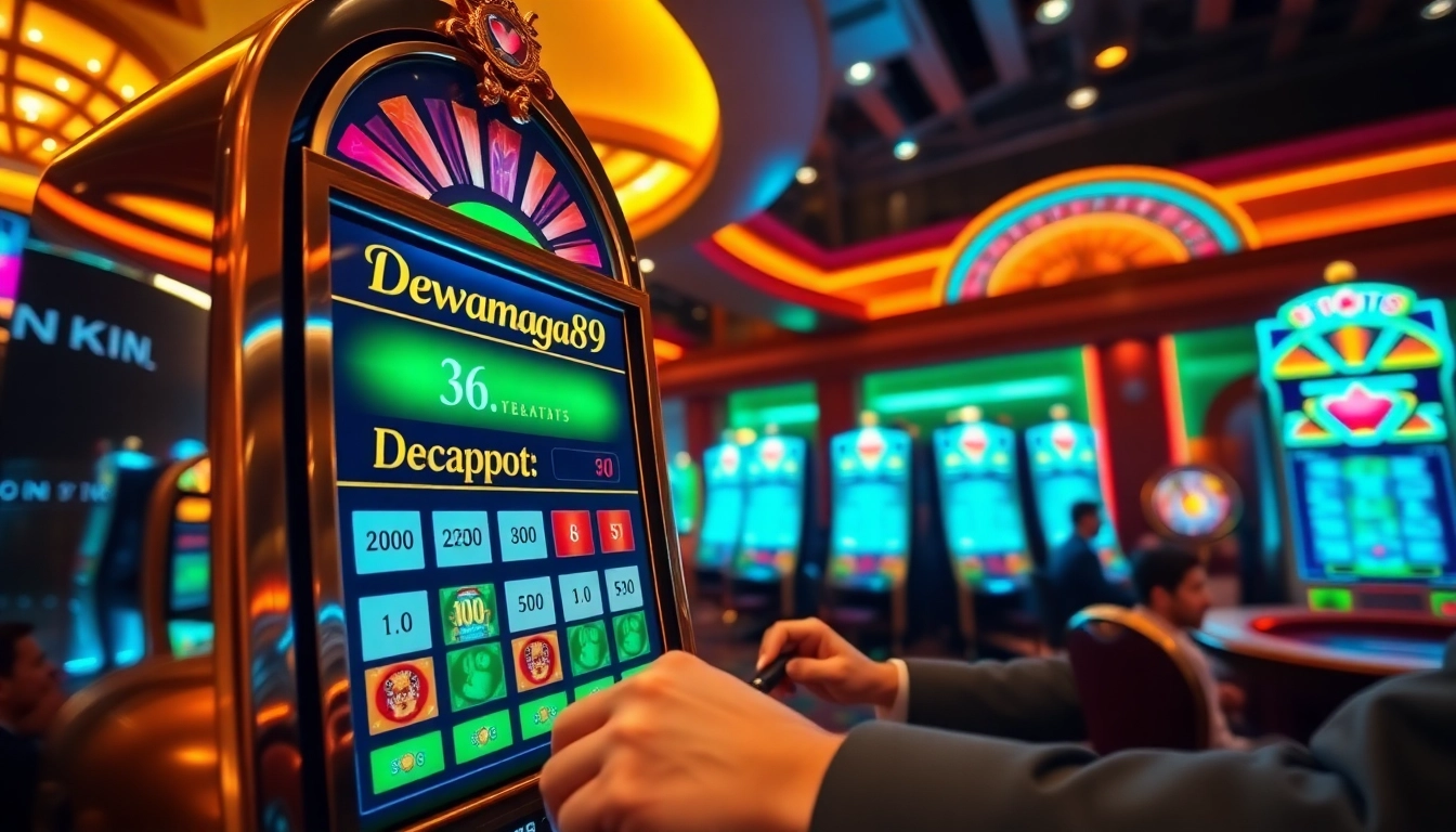 Seorang pemain berinteraksi dengan mesin slot login Dewanaga89, menampilkan kegembiraan dan kemewahan di sebuah kasino yang meriah.