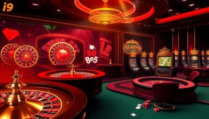 Experience the thrill of i9bet with a luxury online casino featuring vibrant tables and slot machines.