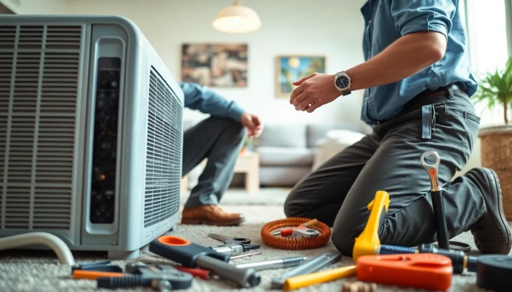 Technician conducting ac repair glendale az in a residential living room.