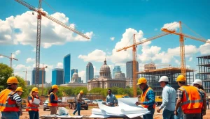 Austin construction site showing workers collaborating with blueprints and cranes actively operating.