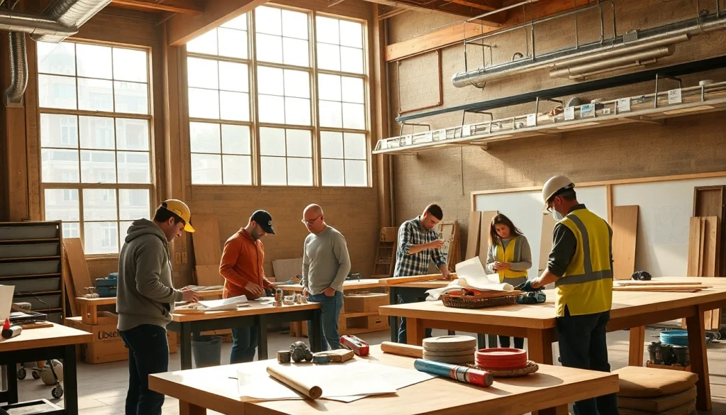 Students engaging in hands-on training at construction trade schools in texas with tools and materials.