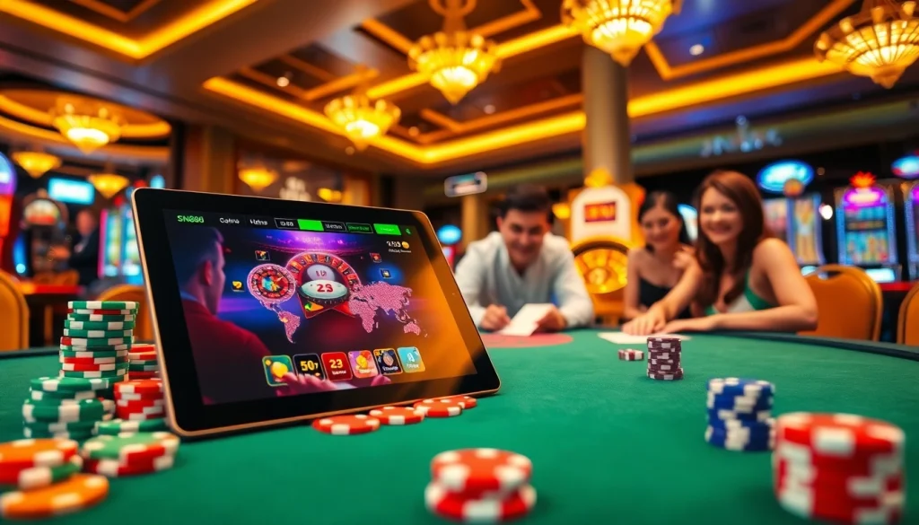 Experience SN888 gaming with vibrant poker chips and an elegant online interface.