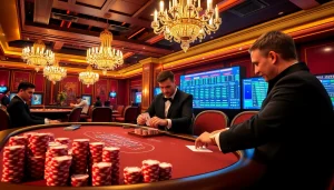 A thrilling poker scene at Kjc solutions showcasing vibrant gameplay and luxurious casino elements.