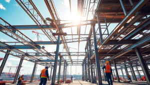Visualizing structural steel construction with workers assembling steel framework on site.