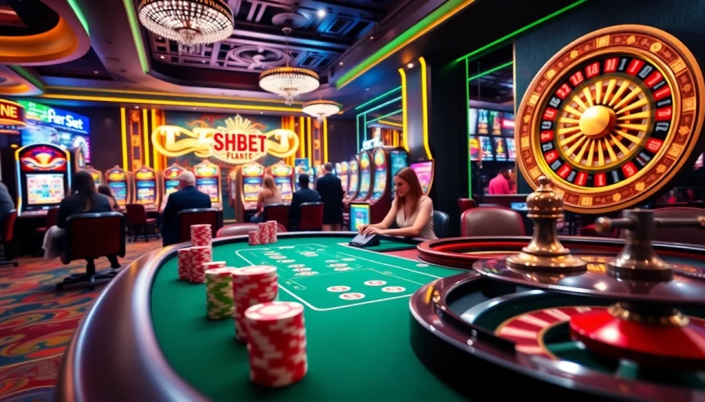 Players engaging in thrilling online casino action, highlighting shbet là gì in vibrant gaming environment.