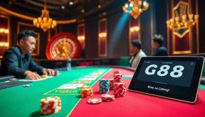 Exciting casino table experience with GG88 poker chips and roulette wheel in action.