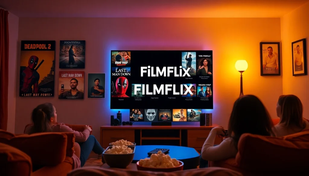 Engaging scene of filme online subtitrate movie night with family, featuring cozy living room and displays of popular film titles.