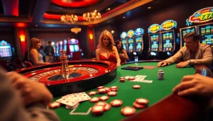 Experience the excitement of 67bet with a vibrant casino scene showcasing roulette and poker.