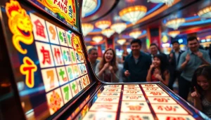 Mainkan mahjong slot dengan mesin berwarna merah dan emas yang menarik di kasino.