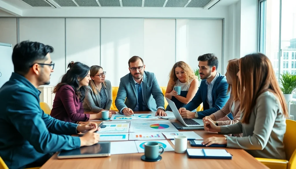 Engaged team discussing business coaching service strategies in a vibrant office.