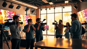 Showcasing a diverse team collaborating in a Creative Video Production Agency setting with cameras and screens.