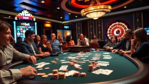 Players engaging in a high-stakes game at V9 bet's luxurious casino poker table