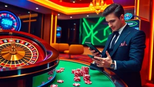 Một người chơi đang tương tác với ứng dụng Bet VIP trong một casino sang trọng, làm nổi bật các tùy chọn cá cược hấp dẫn.