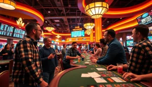 Engaged bettors enjoying Oklahoma sports betting in a vibrant casino atmosphere.