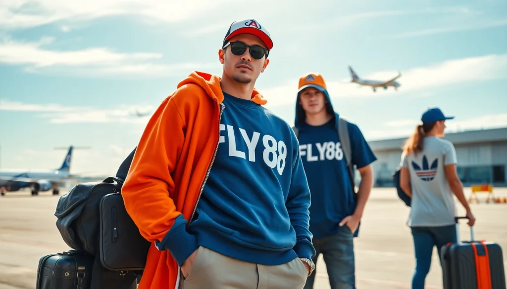 FLY88 aviation-inspired apparel showcasing stylish clothing in a vibrant travel-themed setting.