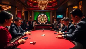 Exciting poker game scene at nhà cái bl555 with players and colorful chips.