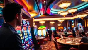 Player placing a slot bet 100 in a vibrant casino full of engaging gambling activities.