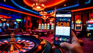 Engaged players enjoying SC88 casino games at a vibrant gambling table with roulette and poker.