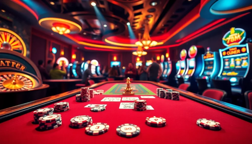 Experience thrilling poker action with 7m poker chips and cards on a vibrant casino table.