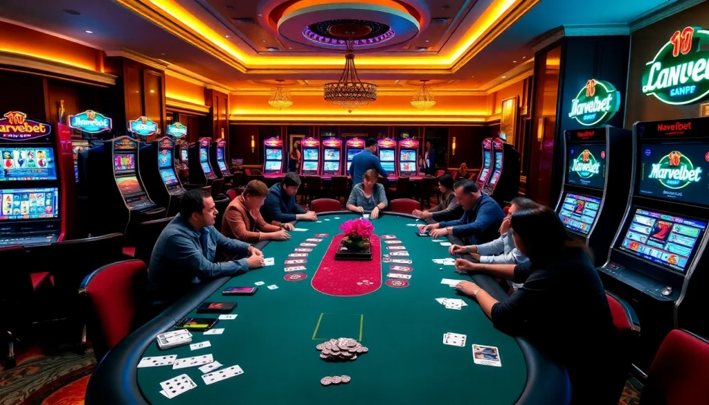 Experience the excitement of Marvelbet with vibrant casino scenes featuring card games and slot machines.