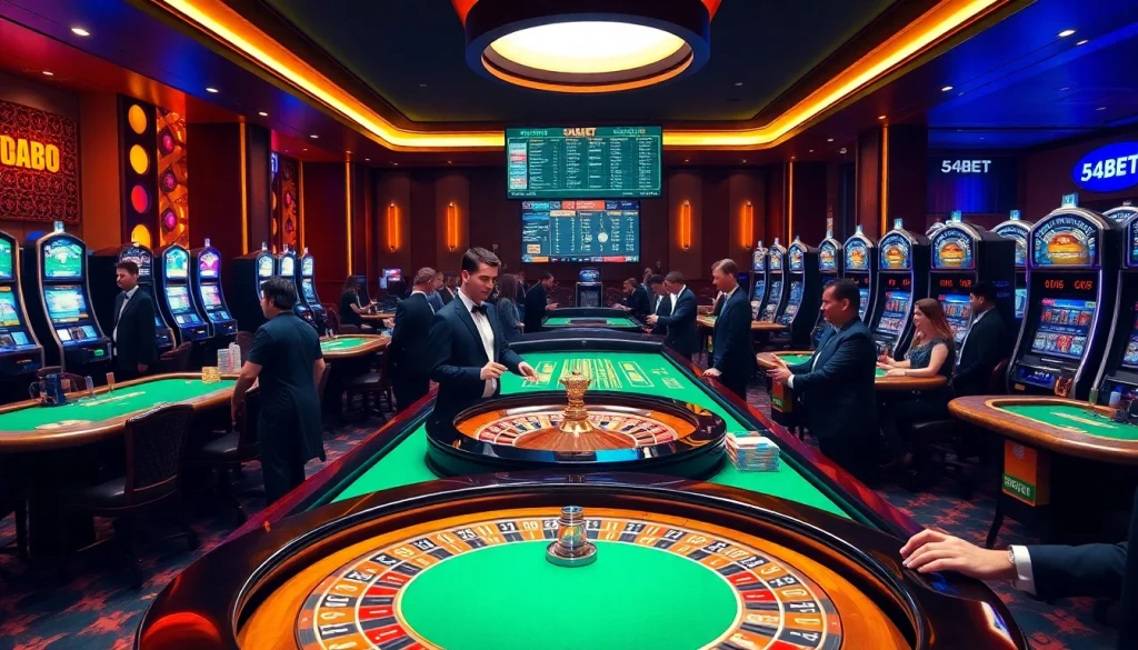 Engaged gamblers placing bets at 54BET casino, with luxurious tables and colorful chips.