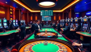 Engaged gamblers placing bets at 54BET casino, with luxurious tables and colorful chips.