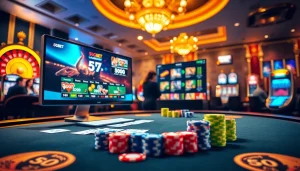 Experience the thrill of 5GBET in a vibrant online casino setting with chips, cards, and roulette.