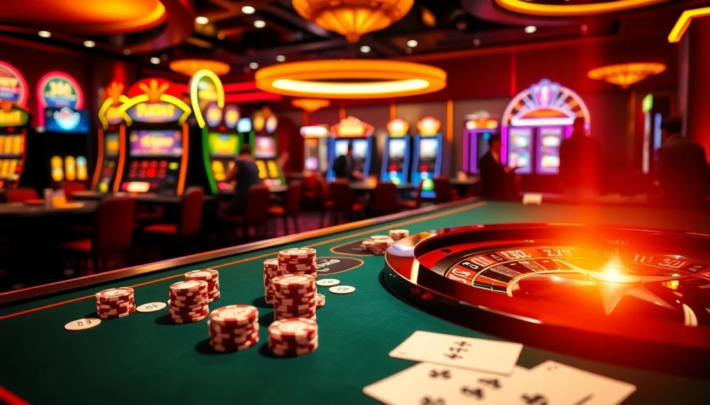 Exciting casino scene showcasing the thrill of rr88.com with poker cards and roulette wheel action.