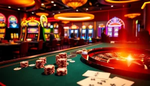 Exciting casino scene showcasing the thrill of rr88.com with poker cards and roulette wheel action.