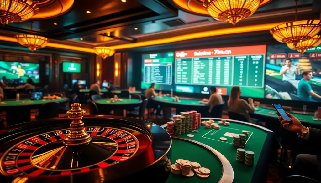 Experience real-time betting excitement at 7m.cn with a vibrant casino scene featuring roulette and poker tables.