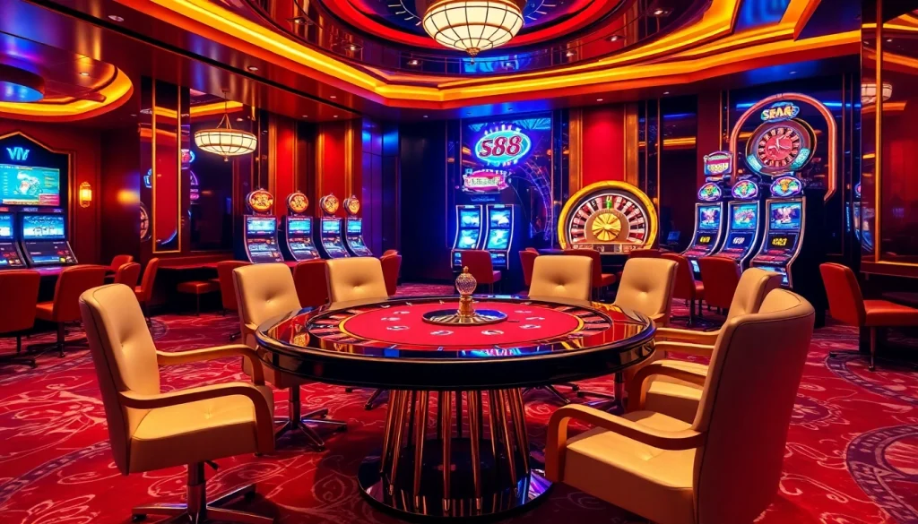 s88 vip high-stakes poker scene with vibrant slot machines and luxurious décor