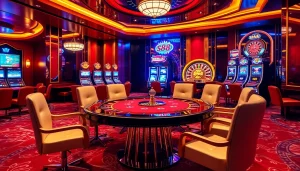 s88 vip high-stakes poker scene with vibrant slot machines and luxurious décor