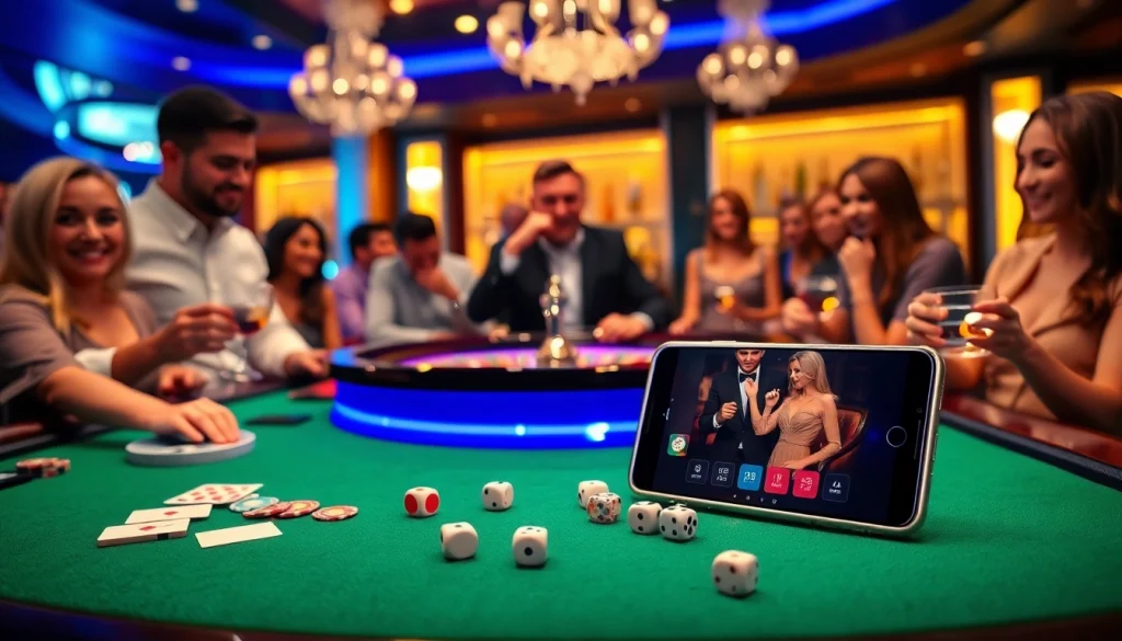 Engaged players at a casino table featuring S8 smartphone apps and colorful poker chips.