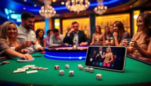 Engaged players at a casino table featuring S8 smartphone apps and colorful poker chips.