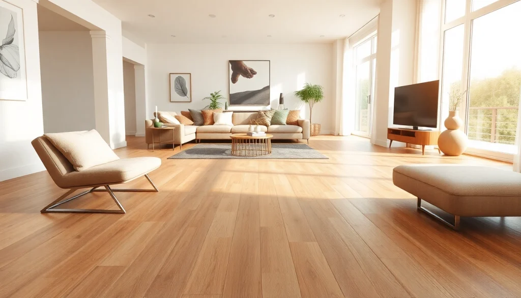 Beau carrelage imitation parquet posé dans un salon moderne.