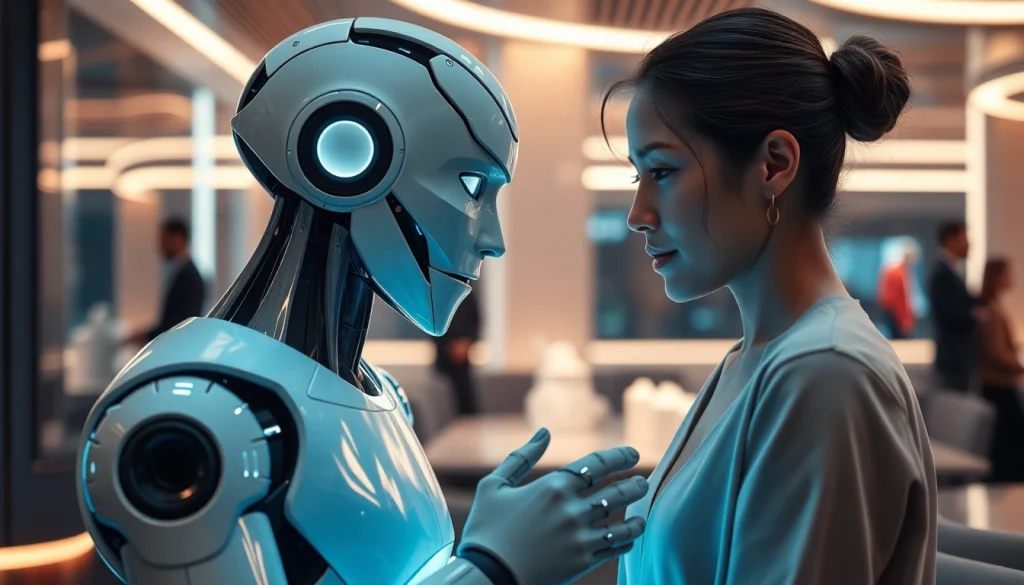 An intimate setting showcasing interaction between a human and AI robot, highlighting the theme of ai sex in a futuristic lounge.