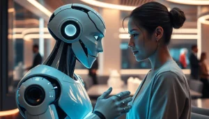 An intimate setting showcasing interaction between a human and AI robot, highlighting the theme of ai sex in a futuristic lounge.