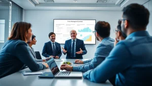 Crisis management consultant leading a strategic session in a modern corporate setting.