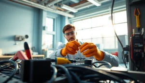 Electrician apprenticeship hawaii in action as a trainee works on electrical wiring.