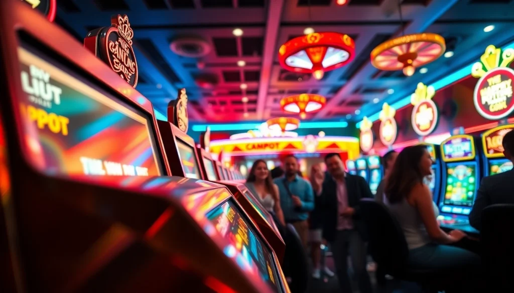 Menghadirkan pengalaman Istana777 Situs dengan suasana kasino ceria dan mesin slot yang menarik.