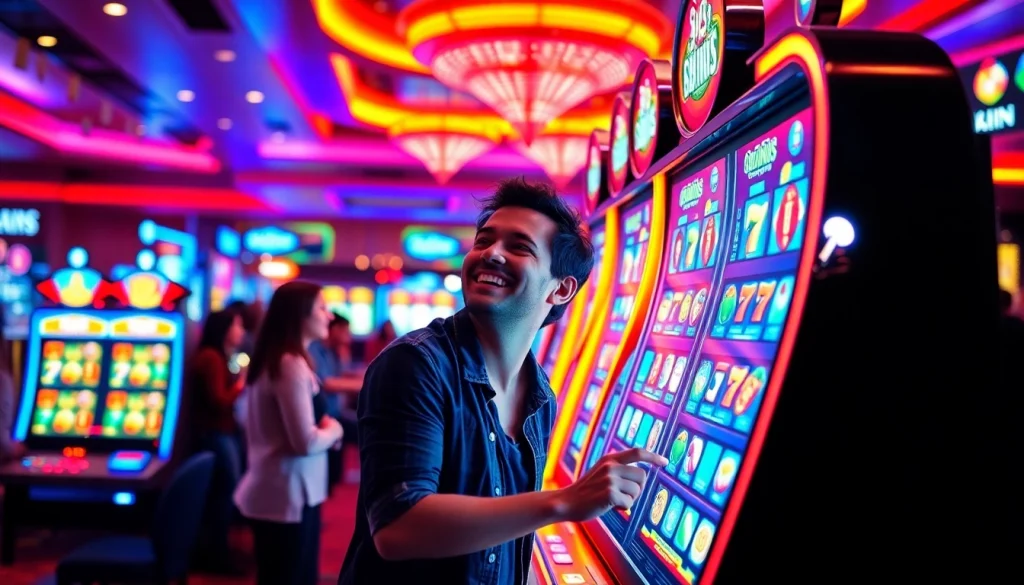 สนุกกับการเล่น 918kiss slot ในคาสิโนที่มีแสงไฟสว่างและผู้เล่นที่ตื่นเต้น