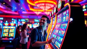 สนุกกับการเล่น 918kiss slot ในคาสิโนที่มีแสงไฟสว่างและผู้เล่นที่ตื่นเต้น